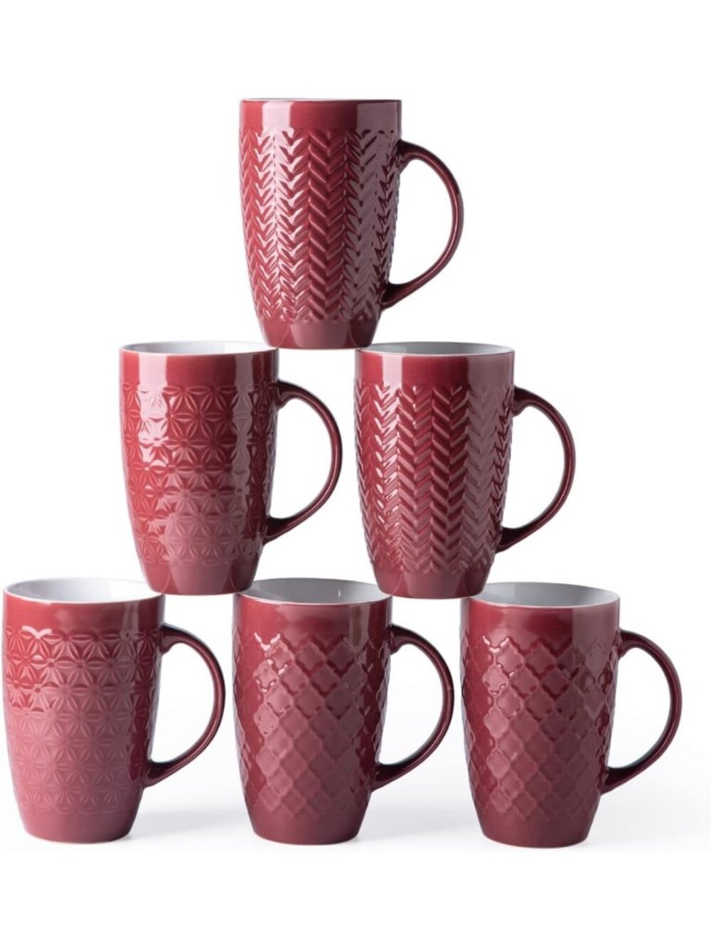 Set of 6 Large Red Ceramic Coffee Mugs - 20 oz Tall Cups for Home & Office